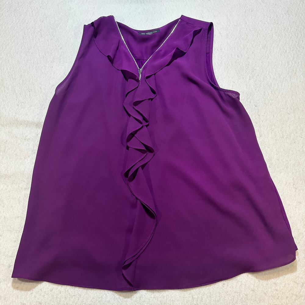 INC Purple Cascade Ruffle Blouse Sleeveless Zip Front Flowy Dressy Top